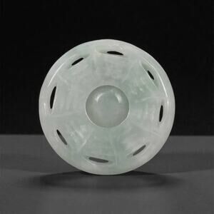 Chinese Pale Green Jade Stone Bi Disc Openwork Carved Ornament
